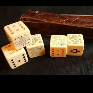 1930s CELLULOID POKER DICE w/leather carry case